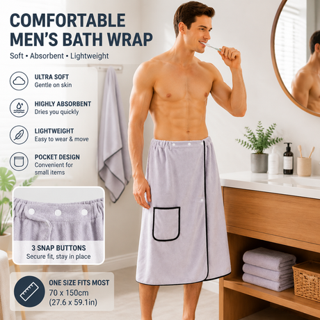 Men’s Bath Wrap Microfiber Quick Dry Absorbent Adjustable Snap Closure Grey Bath Towel Wrap Lightweight Bathroom Spa Gym Travel Use 70x150cm Comfortable Fit