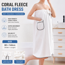 White Women's Coral Fleece Wearable Bath Towel Wrap - 80x140cm With Elastic Band, Snap Button and Pocket for Home Spa Travel