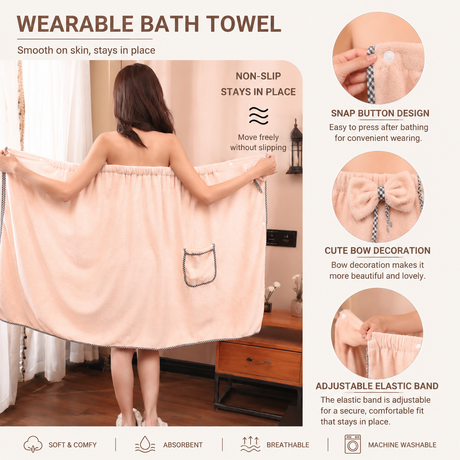 White Women's Coral Fleece Wearable Bath Towel Wrap - 80x140cm With Elastic Band, Snap Button and Pocket for Home Spa Travel