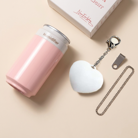 Heart Touch Sensor LED Keychain Light + Pink Mini Can Humidifier Aromatherapy Diffuser Set Portable USB Mist Night Light Keyring Decoration Gift