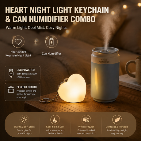 Heart Touch Sensor LED Keychain Light + Blue Mini Can Humidifier Aromatherapy Diffuser Set Portable USB Mist Night Light Keyring Decoration Gift