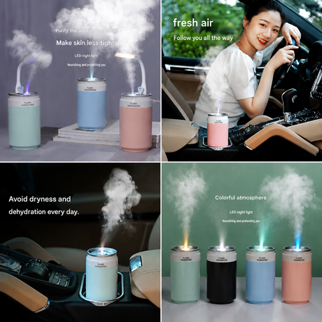 Heart Touch Sensor LED Keychain Light + Blue Mini Can Humidifier Aromatherapy Diffuser Set Portable USB Mist Night Light Keyring Decoration Gift