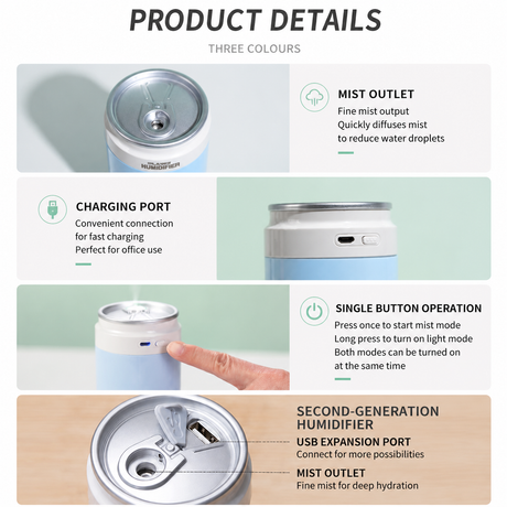 Dark Gray USB Rechargeable Humidifier Aroma Diffuser Mini Can Mist Maker Portable Car Home Desktop Air Moisturizer with LED Light