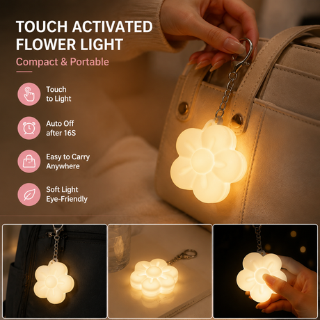 White Touch Activated Flower Keychain Light, Cute Portable LED Night Light Keyring, Mini Rechargeable Bag Charm Lamp, Creative Gift for Girls, Bedroom Decoration Light