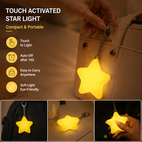 Yellow Touch Activated Star Keychain Light - Cute Portable LED Night Light Rechargeable Bag Charm Lamp Star Shape Decorative Gift for Girls Bedroom Travel Use