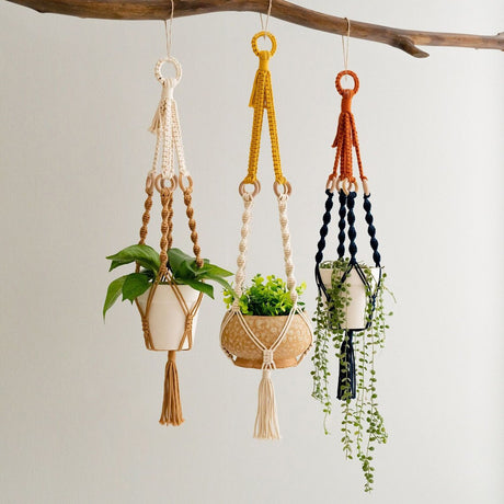 Handmade Plant Hanger Set 3 PCS, Boho Macrame Hanging Planter Basket with Cotton Rope Woven Design, Indoor Outdoor Plant Holder for Balcony Garden Home Decor, Natural Greenery Display