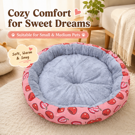 Round Pet Bed for Small Dogs and Cats, Soft Plush Calming Cat Bed with Strawberry Pattern, Cozy Washable Puppy Sleeping Mat, Non Slip Bottom Pet Cushion for Indoor Home Use(Diameter: 45cm)