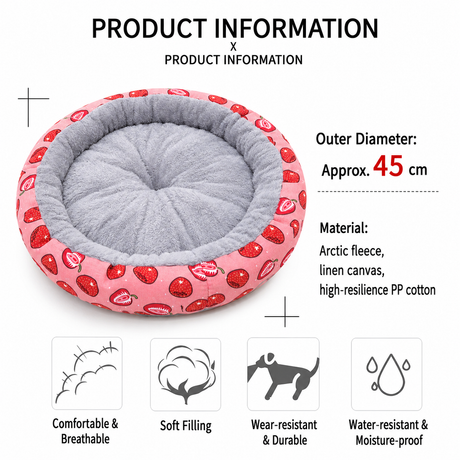 Round Pet Bed for Small Dogs and Cats, Soft Plush Calming Cat Bed with Strawberry Pattern, Cozy Washable Puppy Sleeping Mat, Non Slip Bottom Pet Cushion for Indoor Home Use(Diameter: 45cm)