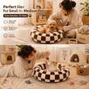Small Medium Pet Donut Bed (Coffee plaid) -50cm outer diameter, Soft Plush Round Dog Bed and Cat Bed with Raised Rim, Cozy Calming Pet Sleeping Cushion, Checkered Washable Puppy Bed for Indoor Small Dogs Cats and Kittens