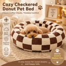 Small Medium Pet Donut Bed (Coffee plaid)-60cm outer diameter, Soft Plush Round Dog Bed and Cat Bed with Raised Rim, Cozy Calming Pet Sleeping Cushion, Checkered Washable Puppy Bed for Indoor Small Dogs Cats and Kittens