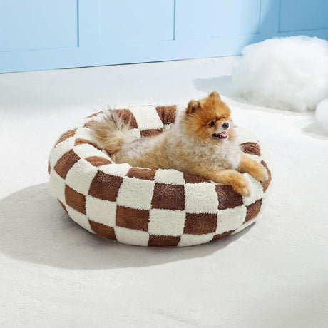 Small Medium Pet Donut Bed (Coffee plaid)-60cm outer diameter, Soft Plush Round Dog Bed and Cat Bed with Raised Rim, Cozy Calming Pet Sleeping Cushion, Checkered Washable Puppy Bed for Indoor Small Dogs Cats and Kittens