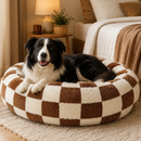 Medium Large Pet Donut Bed (Coffee plaid)-80cm outer diameter, Soft Plush Round Dog Bed and Cat Bed with Raised Rim, Cozy Calming Pet Sleeping Cushion, Checkered Washable Dog Bed for Medium Large Dogs and Cats