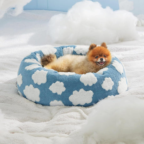 Small Medium Pet Donut Bed-60cm outer diameter, Soft Plush Round Dog Bed and Cat Bed with Raised Rim, Cozy Calming Pet Sleeping Cushion, Blue Cloud Pattern Washable Pet Bed for Small Medium Dogs Cats Puppies and Kittens