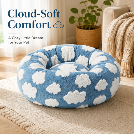 Medium Large Pet Donut Bed (Blue background with white clouds)-80cm outer diameter, Soft Plush Round Dog Bed and Cat Bed with Raised Rim, Cozy Calming Pet Sleeping Cushion, Blue Cloud Pattern Washable Pet Bed for Medium Large Dogs and Cats