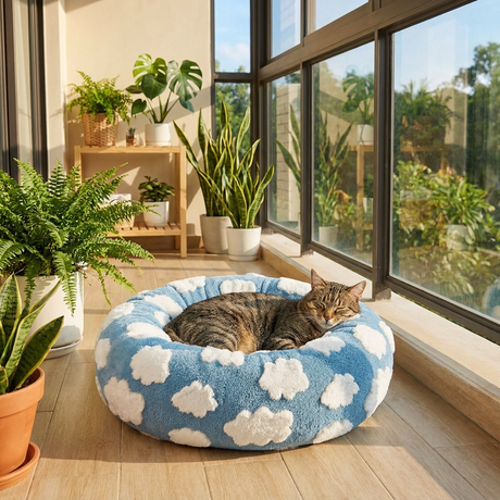 Medium Large Pet Donut Bed (Blue background with white clouds)-80cm outer diameter, Soft Plush Round Dog Bed and Cat Bed with Raised Rim, Cozy Calming Pet Sleeping Cushion, Blue Cloud Pattern Washable Pet Bed for Medium Large Dogs and Cats