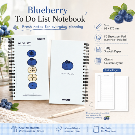 Fruit Series To Do List Notebook (Blueberry) – Spiral Bound Journal with Cute Fruit Cover, 80 Sheets, Portable Planner for Daily Notes, Study, Office and Personal Organisation