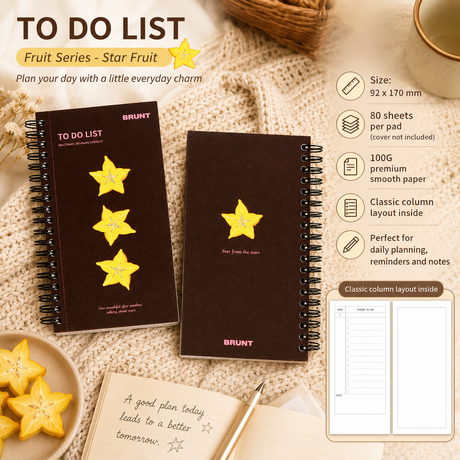 Fruit Series To Do List Notebook (Starfruit) – Spiral Bound Journal with Cute Fruit Cover, 80 Sheets, Portable Planner for Daily Notes, Study, Office and Personal Organisation