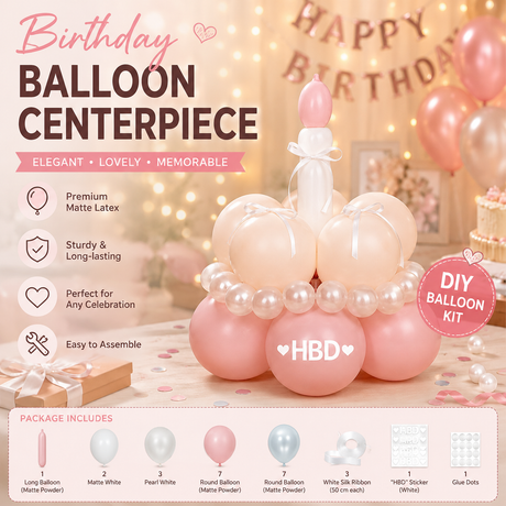 Birthday Cake Balloon Garland Kit (Pink Material kit)– DIY Party Decoration Set with HBD Balloons, Ribbon and Glue Dots, Creative Table Centrepiece for Birthday Celebrations, Photo Props and Event Decor