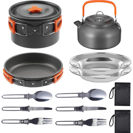 11PCS Orange Camping Cookware Set – Lightweight Aluminium Camping Pots, Frying Pan, Kettle & Stainless Steel Cutlery, Portable Non-Stick Outdoor Cooking Set for 2-3 Person Camping, Hiking, Backpacking & Picnic