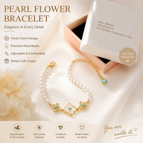 Pearl Flower Bracelet for Women – Adjustable Faux Pearl Beaded Bracelet with Gold Floral Charm, Elegant Lightweight Fashion Wrist Jewellery, Gift Box Included, Bridal, Birthday & Everyday Wear
