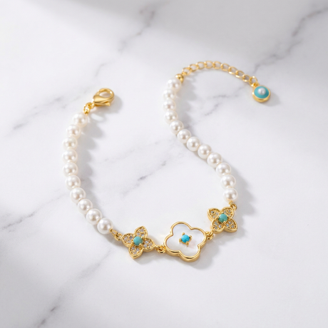 Pearl Flower Bracelet for Women – Adjustable Faux Pearl Beaded Bracelet with Gold Floral Charm, Elegant Lightweight Fashion Wrist Jewellery, Gift Box Included, Bridal, Birthday & Everyday Wear