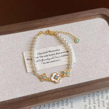 Pearl Flower Bracelet for Women – Adjustable Faux Pearl Beaded Bracelet with Gold Floral Charm, Elegant Lightweight Fashion Wrist Jewellery, Gift Box Included, Bridal, Birthday & Everyday Wear