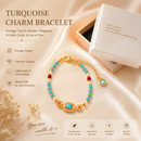 Turquoise Beaded Bracelet for Women – Adjustable Vintage Boho Bracelet with Gold-Tone Oval Charm, Turquoise & Pearl Beads, Lightweight Bohemian Wrist Jewellery