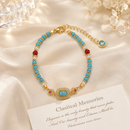 Turquoise Beaded Bracelet for Women – Adjustable Vintage Boho Bracelet with Gold-Tone Oval Charm, Turquoise & Pearl Beads, Lightweight Bohemian Wrist Jewellery