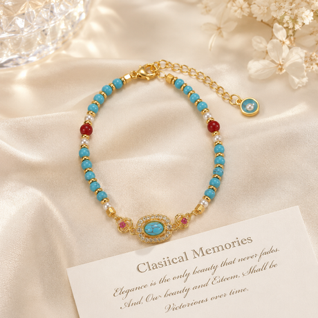Turquoise Beaded Bracelet for Women – Adjustable Vintage Boho Bracelet with Gold-Tone Oval Charm, Turquoise & Pearl Beads, Lightweight Bohemian Wrist Jewellery