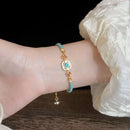 Turquoise Beaded Bracelet for Women – Adjustable Vintage Boho Bracelet with Gold-Tone Oval Charm, Turquoise & Pearl Beads, Lightweight Bohemian Wrist Jewellery