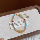 Turquoise Beaded Bracelet for Women – Adjustable Vintage Boho Bracelet with Gold-Tone Oval Charm, Turquoise & Pearl Beads, Lightweight Bohemian Wrist Jewellery