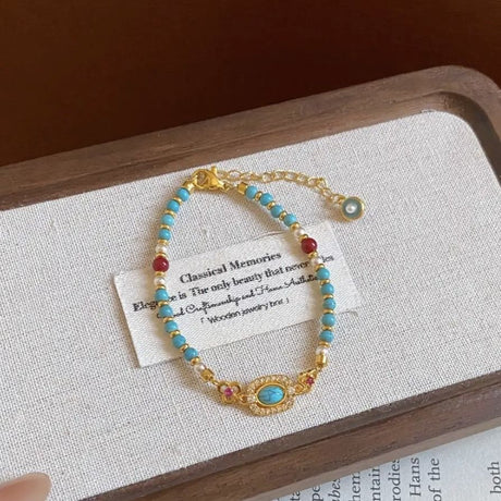 Turquoise Beaded Bracelet for Women – Adjustable Vintage Boho Bracelet with Gold-Tone Oval Charm, Turquoise & Pearl Beads, Lightweight Bohemian Wrist Jewellery