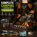 Green Camping Cookware Set for 2–3 People – Portable Outdoor Cooking Pot, Frying Pan & 1.1L Kettle Kit with Stainless Steel Plates, Cups & Cutlery, Lightweight Non-Stick Camping Cook Set for Hiking, Picnic, Backpacking & RV Travel
