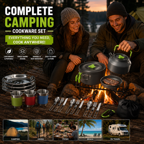 Green Camping Cookware Set for 2–3 People – Portable Outdoor Cooking Pot, Frying Pan & 1.1L Kettle Kit with Stainless Steel Plates, Cups & Cutlery, Lightweight Non-Stick Camping Cook Set for Hiking, Picnic, Backpacking & RV Travel