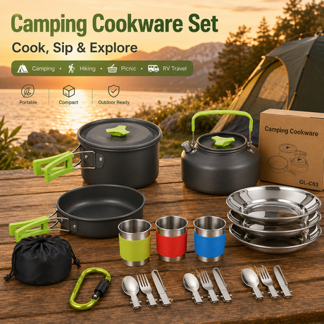 Green Camping Cookware Set for 2–3 People – Portable Outdoor Cooking Pot, Frying Pan & 1.1L Kettle Kit with Stainless Steel Plates, Cups & Cutlery, Lightweight Non-Stick Camping Cook Set for Hiking, Picnic, Backpacking & RV Travel