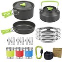 Green Camping Cookware Set for 2–3 People – Portable Outdoor Cooking Pot, Frying Pan & 1.1L Kettle Kit with Stainless Steel Plates, Cups & Cutlery, Lightweight Non-Stick Camping Cook Set for Hiking, Picnic, Backpacking & RV Travel