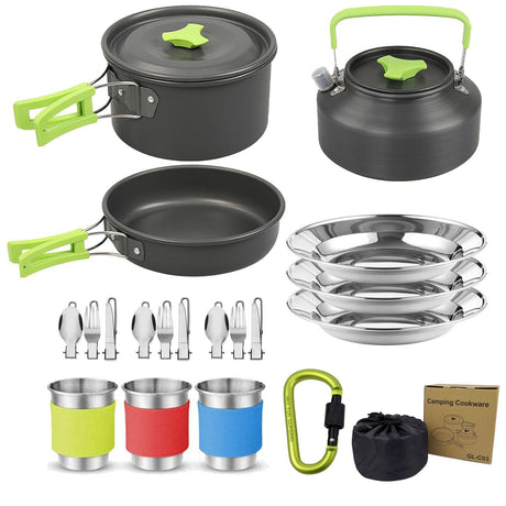 Green Camping Cookware Set for 2–3 People – Portable Outdoor Cooking Pot, Frying Pan & 1.1L Kettle Kit with Stainless Steel Plates, Cups & Cutlery, Lightweight Non-Stick Camping Cook Set for Hiking, Picnic, Backpacking & RV Travel