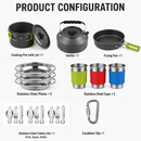 Green Camping Cookware Set for 2–3 People – Portable Outdoor Cooking Pot, Frying Pan & 1.1L Kettle Kit with Stainless Steel Plates, Cups & Cutlery, Lightweight Non-Stick Camping Cook Set for Hiking, Picnic, Backpacking & RV Travel
