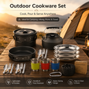 Black Camping Cookware Set for 2–3 People – Portable Outdoor Cooking Pot, Frying Pan & 1.1L Kettle Kit with Stainless Steel Plates, Cups & Cutlery, Lightweight Non-Stick Camping Cook Set for Hiking, Picnic, Backpacking & RV Travel