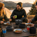 Black Camping Cookware Set for 2–3 People – Portable Outdoor Cooking Pot, Frying Pan & 1.1L Kettle Kit with Stainless Steel Plates, Cups & Cutlery, Lightweight Non-Stick Camping Cook Set for Hiking, Picnic, Backpacking & RV Travel