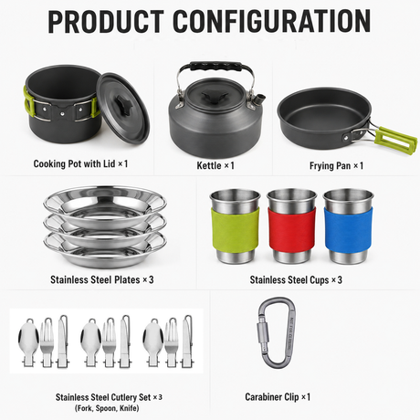 Black Camping Cookware Set for 2–3 People – Portable Outdoor Cooking Pot, Frying Pan & 1.1L Kettle Kit with Stainless Steel Plates, Cups & Cutlery, Lightweight Non-Stick Camping Cook Set for Hiking, Picnic, Backpacking & RV Travel