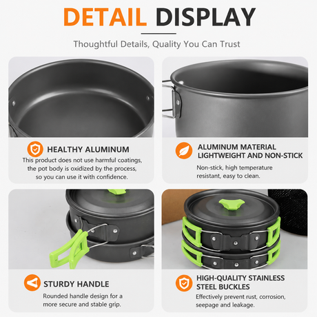Black Camping Cookware Set for 2–3 People – Portable Outdoor Cooking Pot, Frying Pan & 1.1L Kettle Kit with Stainless Steel Plates, Cups & Cutlery, Lightweight Non-Stick Camping Cook Set for Hiking, Picnic, Backpacking & RV Travel