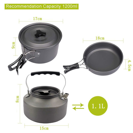 Black Camping Cookware Set for 2–3 People – Portable Outdoor Cooking Pot, Frying Pan & 1.1L Kettle Kit with Stainless Steel Plates, Cups & Cutlery, Lightweight Non-Stick Camping Cook Set for Hiking, Picnic, Backpacking & RV Travel