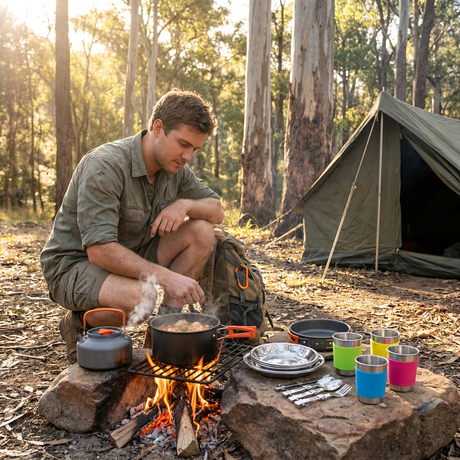 Orange Camping Cookware Set for 2–3 People – Portable Outdoor Cooking Pot, Frying Pan & 1.1L Kettle Kit with Stainless Steel Plates, Cups & Cutlery, Lightweight Non-Stick Camping Cook Set for Hiking, Picnic, Backpacking & RV Travel