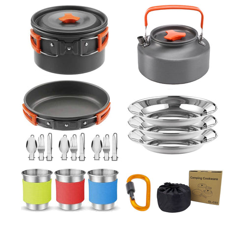 Orange Camping Cookware Set for 2–3 People – Portable Outdoor Cooking Pot, Frying Pan & 1.1L Kettle Kit with Stainless Steel Plates, Cups & Cutlery, Lightweight Non-Stick Camping Cook Set for Hiking, Picnic, Backpacking & RV Travel