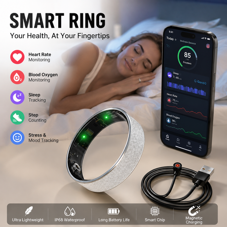 Smart Ring Size 8 (Silver) – Frosted Silver Wellness Tracker with Heart Rate, Blood Oxygen, Sleep, Steps and Mood Monitoring, IP68 Waterproof USB Magnetic Charging Ring
