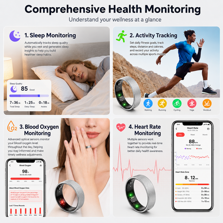 Smart Ring Size 8 (Silver) – Frosted Silver Wellness Tracker with Heart Rate, Blood Oxygen, Sleep, Steps and Mood Monitoring, IP68 Waterproof USB Magnetic Charging Ring