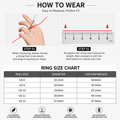 Smart Ring Size 8 (Silver) – Frosted Silver Wellness Tracker with Heart Rate, Blood Oxygen, Sleep, Steps and Mood Monitoring, IP68 Waterproof USB Magnetic Charging Ring