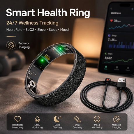 Smart Ring Size 11 (Black) – Frosted Black Wellness Tracker with Heart Rate, Blood Oxygen, Sleep, Steps and Mood Monitoring, IP68 Waterproof USB Magnetic Charging Ring