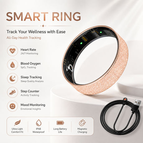Smart Ring Size 11 (Rose Gold) – Frosted Rose Gold Wellness Tracker with Heart Rate, Blood Oxygen, Sleep, Steps and Mood Monitoring, IP68 Waterproof USB Magnetic Charging Ring